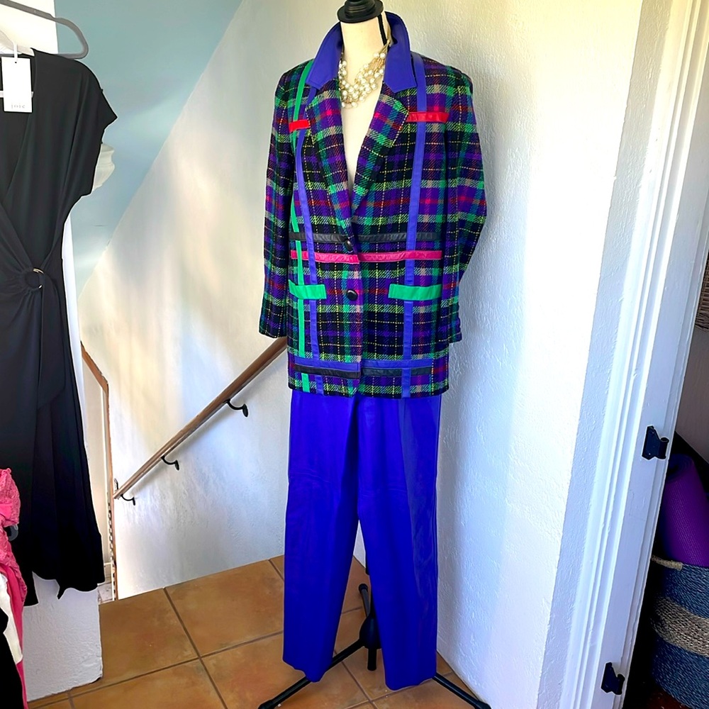 Suzette Vintage Purple Plaid and‎ Leather Blazer with Leather Slacks Size 10